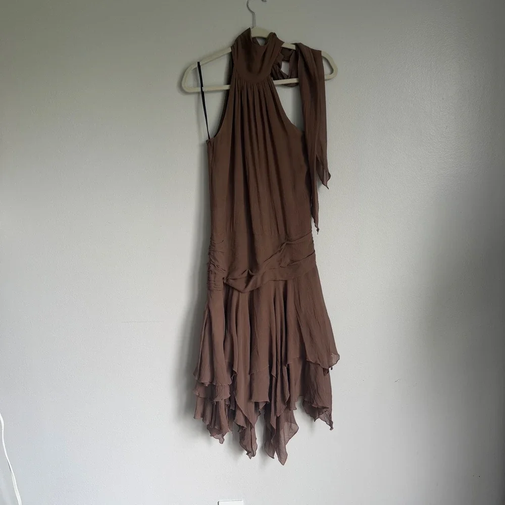 Vintage Y2K Bebe Silk Halter Handkerchief Hem Dress Brown XS Asymmetrical - Picture 2 of 15